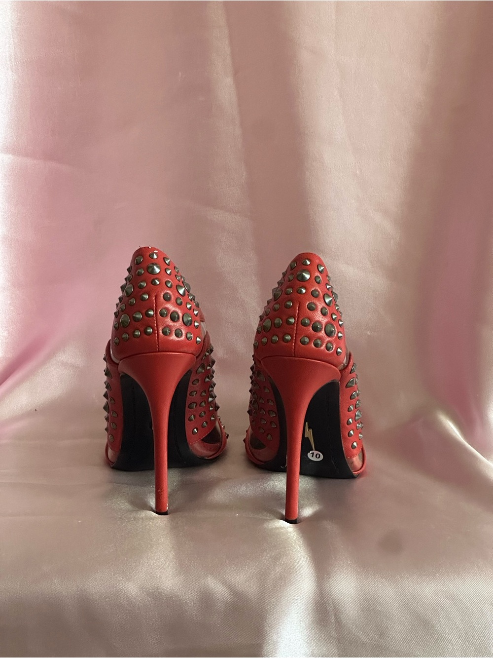 Red Studded Pointed-Toe Heels with Script Insole - Picture 3 of 4